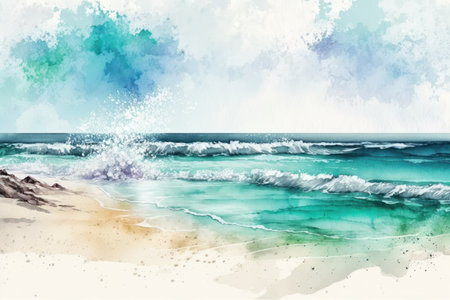 Realistic Sea beach background in watercolor style pink pastel color tone.の素材