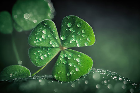 Clover leaf with water dew on green bokeh background with empty copy space.の素材