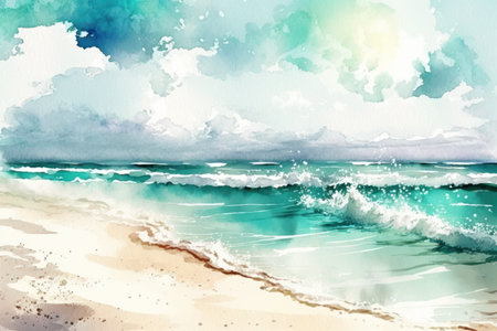 Realistic Sea beach background in watercolor style pink pastel color tone.の素材