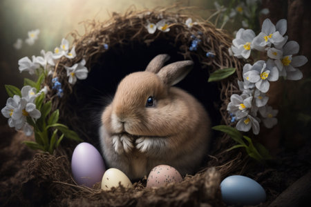 Happy easter concept. Cute bunny rabbit in nest with painted easter eggs and flower, holiday festive background.の素材