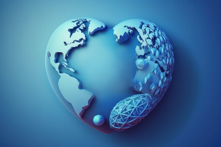 Globe in heart shape on blue background with copy space. World health day concept Global health care.の素材
