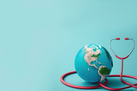 Stethoscope, globe and heart on blue background with copy space. World health day concept Global health care.の素材