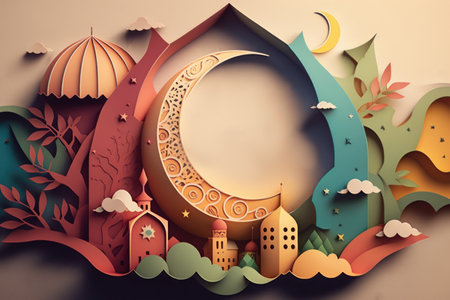 Arabic architecture, mosque, pattern and background. Ramadan Kareem Eid Mubarak Islamic holiday illustrations paper craft style.の素材