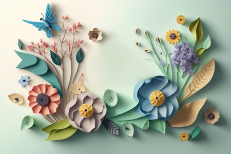 Spring season nature plant and birds on white background in pastel color and paper craft style.の素材