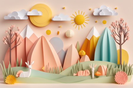 Spring season nature plant and birds on white background in pastel color and paper craft style.の素材