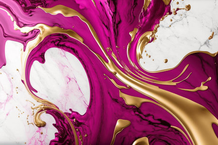 Abstract marble background with gold vein trendy color viva magenta.の素材