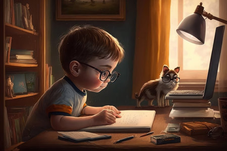 Cute  realistic  little boy studying online at home.の素材