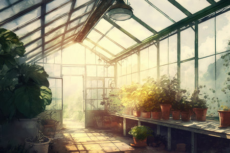 Tent glass greenhouse interior with plant.の素材
