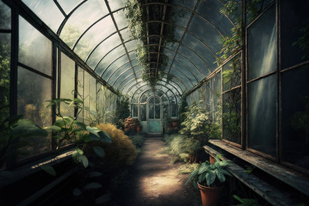 Tent glass greenhouse interior with plant.の素材