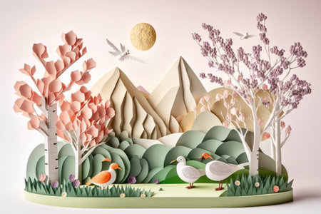 Spring season nature plant and birds on white background in pastel color and paper craft style.の素材