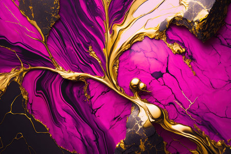 Abstract marble background with gold vein trendy color viva magenta.の素材