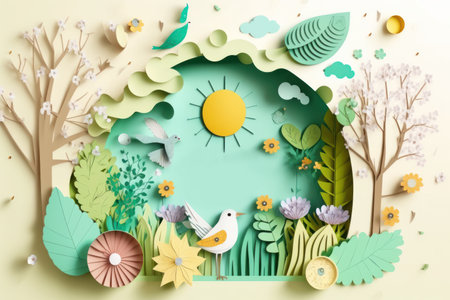 Spring season nature plant and birds on white background in pastel color and paper craft style.の素材