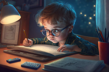 Cute  realistic  little boy studying online at home.の素材