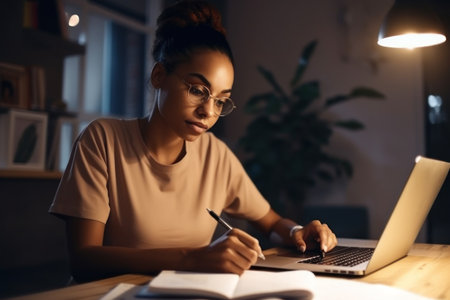 Young African-American woman studying online.の素材