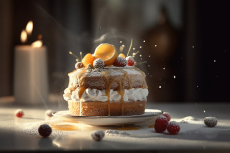 Closed up of strawberry cake  and waffle with fruit nordic styleの素材