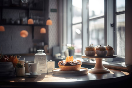 Amazing photo of gorgeous bakery  and cakes in nordic style cafe  background.の素材
