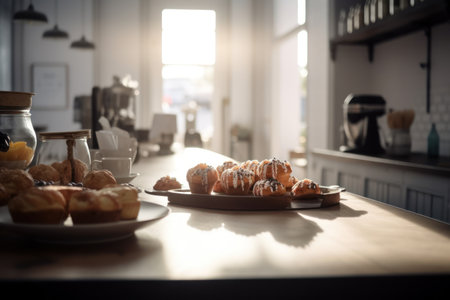 Amazing photo of gorgeous bakery  and cakes in nordic style cafe  background.の素材