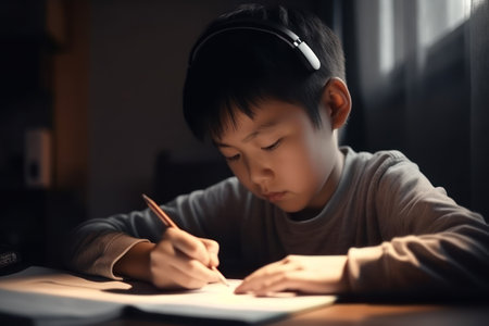 Cute boy study at home, Education concept.の素材