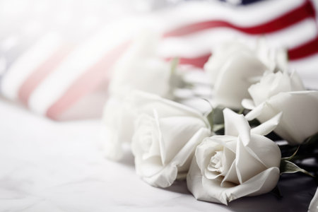 White rose and flag on floor in white background. Memorial Day concept.の素材