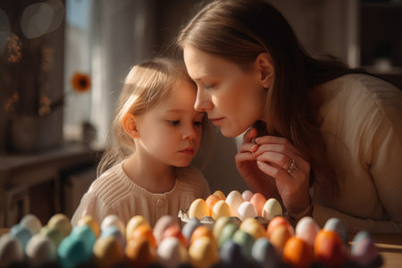 Mother and a little girl painting eggs for Easter Day.の素材