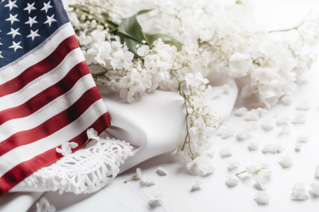 White rose and flag on floor in white background. Memorial Day concept.の素材