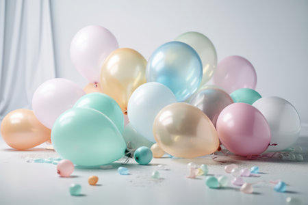 Pastel colorful balloons in white room background. Party and celebration.の素材