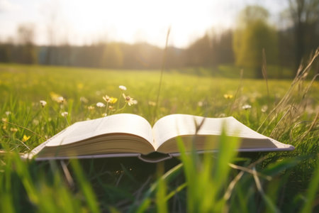 Open book on grass field and meadow background.の素材