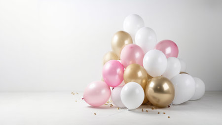 Pink gold and white balloon on white background with copy space.の素材