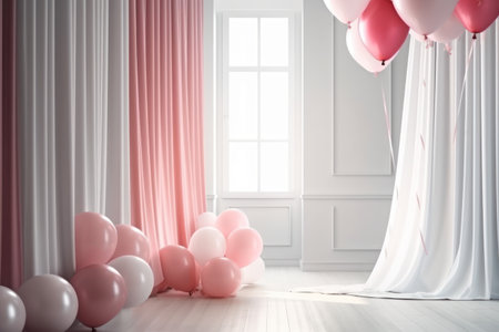 Pink and white balloon on white  room with curtain backgroundの素材