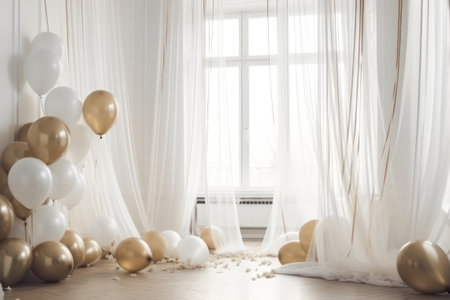 Gold and white balloon on white  room with curtain backgroundの素材