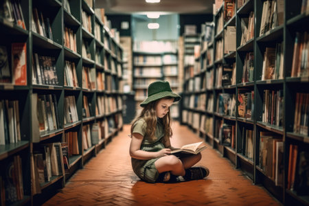 Children's education lifestyle learning concept with school girl kid reading book sitting on the floor of bookstore.の素材