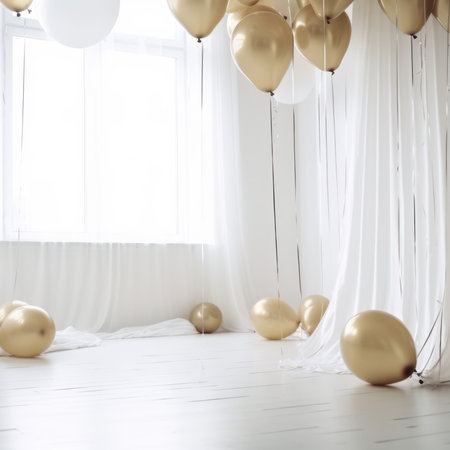 Gold and white balloon on white  room with curtain backgroundの素材