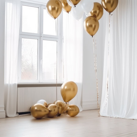 Gold and white balloon on white  room with curtain backgroundの素材