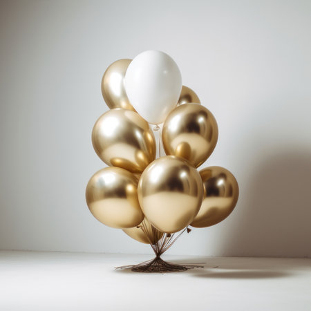 Gold and white balloon on white background with copy space.の素材