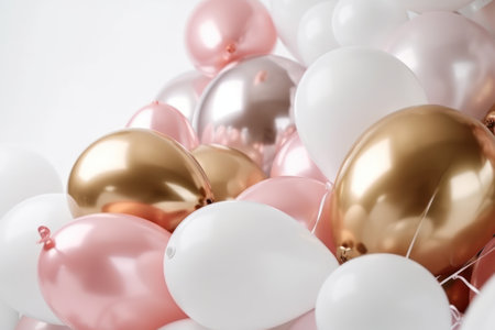 Pink gold and white balloon on white background with copy space.の素材