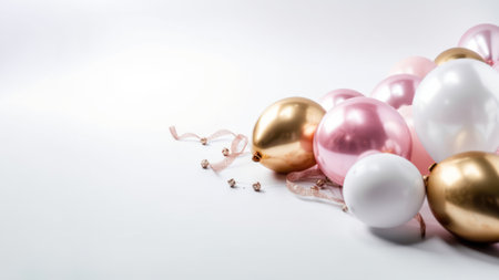 Pink gold and white balloon on white background with copy space.の素材