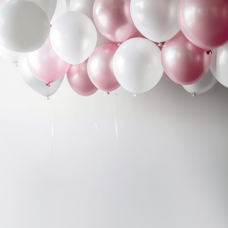 Pink gold and white balloon on white background with copy space.の素材