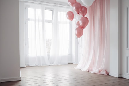 Pink and white balloon on white  room with curtain backgroundの素材