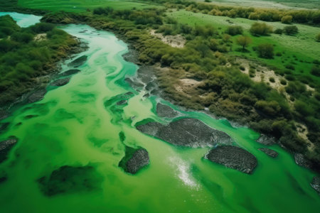 Bird eye view of amazing blooming algae on green river. Earth day concept.の素材
