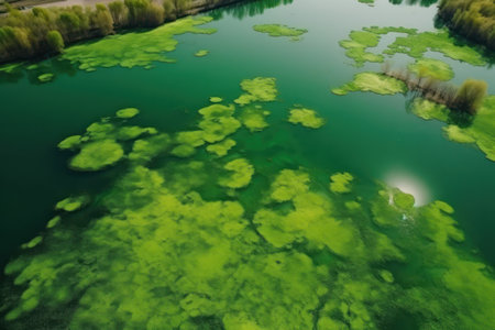 Bird eye view of amazing blooming algae on green river. Earth day concept.の素材