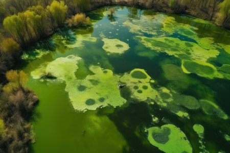 Bird eye view of amazing blooming algae on green river. Earth day concept.の素材