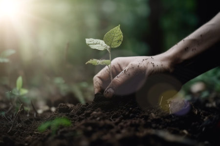 Hand for planting trees back to the forest. Creating awareness for love wild. Wild plant concept.の素材