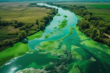 Bird eye view of amazing blooming algae on green river. Earth day concept.の素材