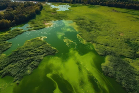 Bird eye view of amazing blooming algae on green river. Earth day concept.の素材