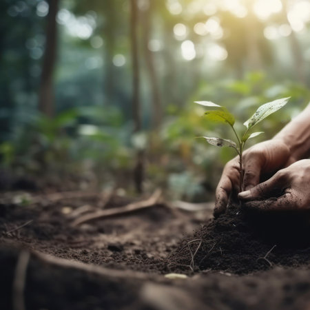 Hand for planting trees back to the forest. Creating awareness for love wild. Wild plant concept.の素材