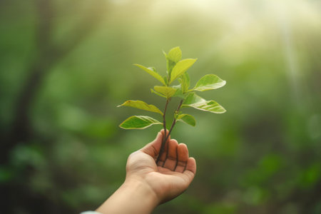 Hand holding tree on blur green nature background. Green environment earth day concept.の素材