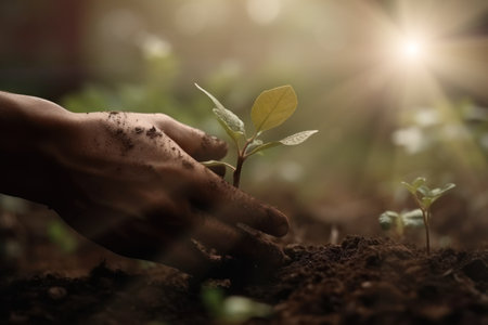 Hand for planting trees back to the forest. Creating awareness for love wild. Wild plant concept.の素材