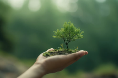 Hand holding tree on blur green nature background. Green environment earth day concept.の素材