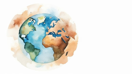 Watercolor style of earth on white empty copy space background.の素材