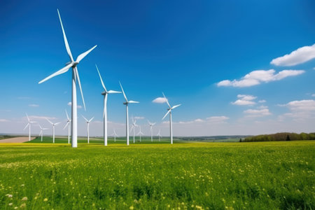 Wind turbine on grass field landscape. World environment and earth day concept.の素材